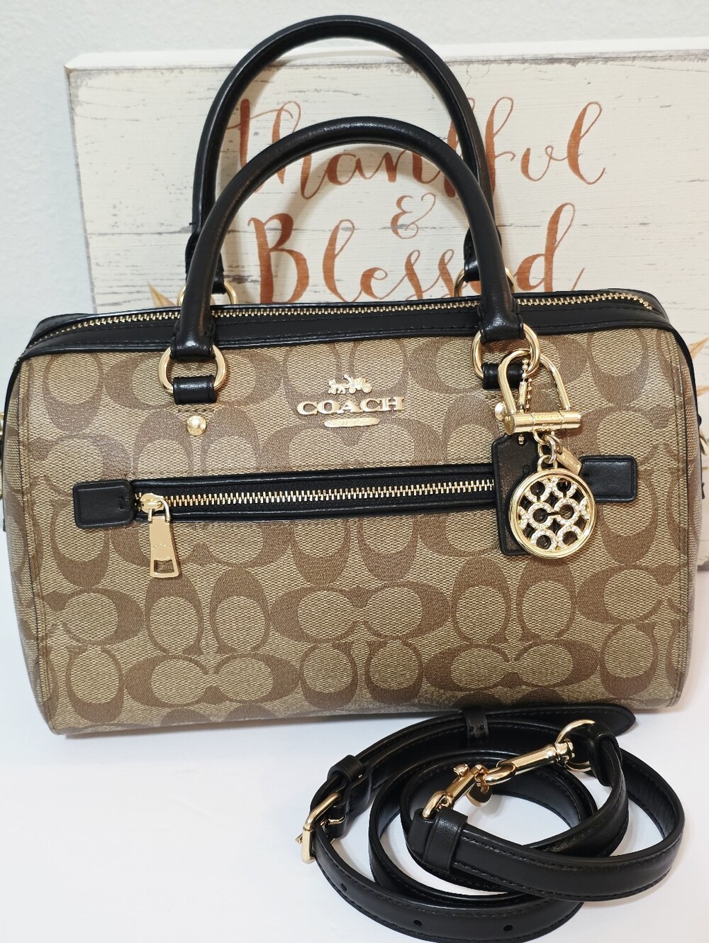 Coach Rowan Black Khaki Medium Crossbody Bag Shoulder Purse + Coach Sig C Charm